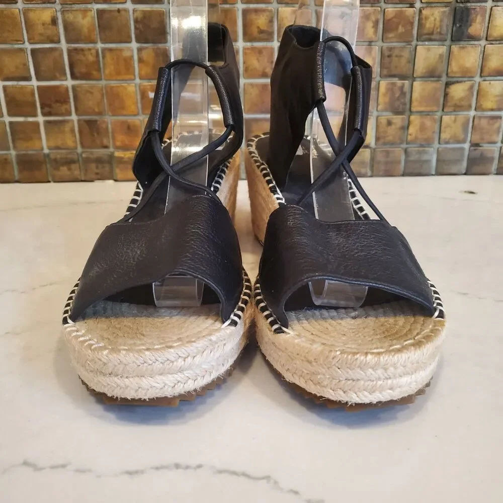 Eileen Fisher Women's Sandals 10 Black Agnes Espadrilles Leather Minimalist